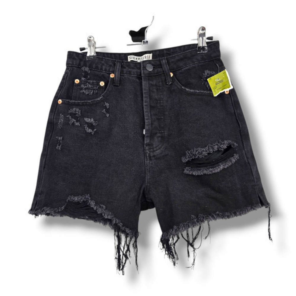 NEW Signatures Women's Distressed Button Fly High‎ Rise Denim Shorts Black Small